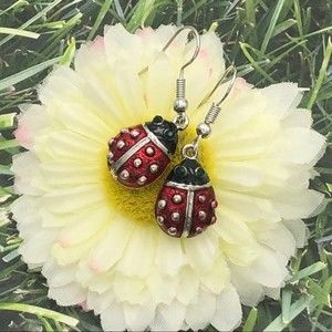🌼 Red Ladybug Painted Dangle Earrings